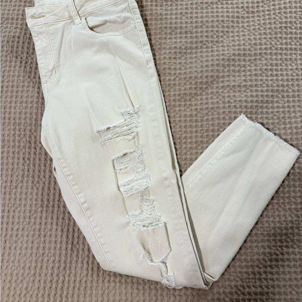 American Eagle Outfitters Cream Distressed Ankle Jeans